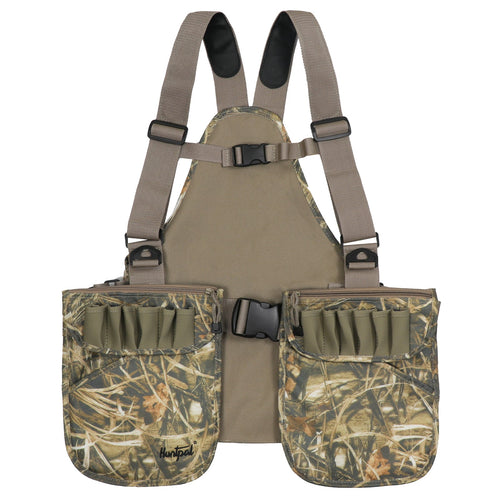 TarnWild Jagdweste in Beige, Frontansicht mit Camouflage-Taschen und Patronenschlaufen