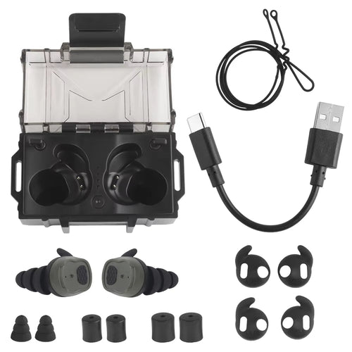 Bluetooth Gehörschutz Pro in Oliv, komplettes Zubehör mit Ladecase, USB-Kabel, Band und Ersatzpolstern