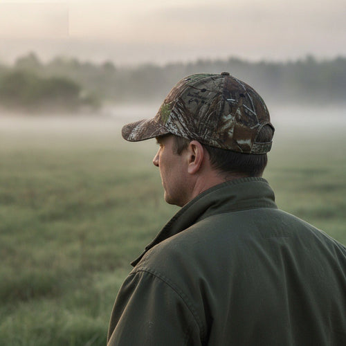 Jäger mit Camo Jagd-Cap am nebligen Feld im Morgengrauen