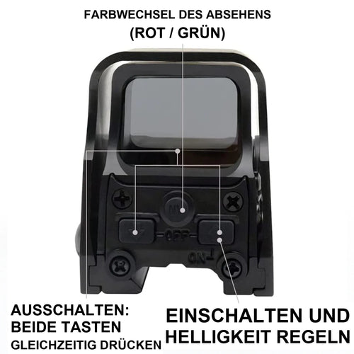 Holovisier Frontansicht mit Rot-Grün-Umschaltung und Helligkeitstasten