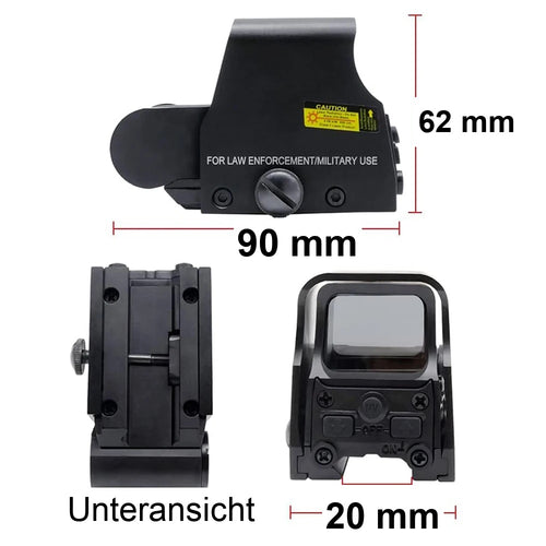 Abmessungen des holografischen Leuchtpunktvisiers, 90 mm lang