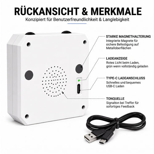 Rückansicht mit Magnethalterung, USB-C-Ladeanschluss und Tonquelle