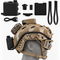Nebelfrei Antibeschlag-Lüfter, Zubehörteile und USB-Kabel neben montiertem Helm mit Schutzbrille, Seitenansicht