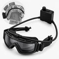 Nebelfrei Antibeschlag-Lüfter, schwarze Schutzbrille mit Lüftermodul und Schlauch, kleines Bild zeigt Anbau am Helm