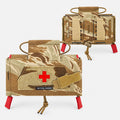 Rettungsgriff MOLLE-Verbandtasche in Wuestentarn-Farbe, Front- und Rueckansicht nebeneinander