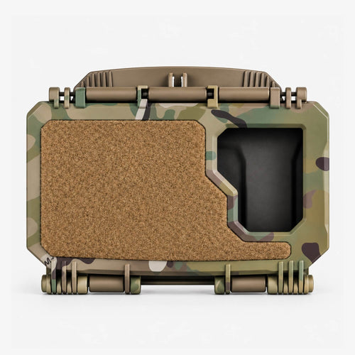 Riegelbox MOLLE-Handybox in Multicam, geschlossen mit Klettfach und Sichtfenster, Frontalansicht