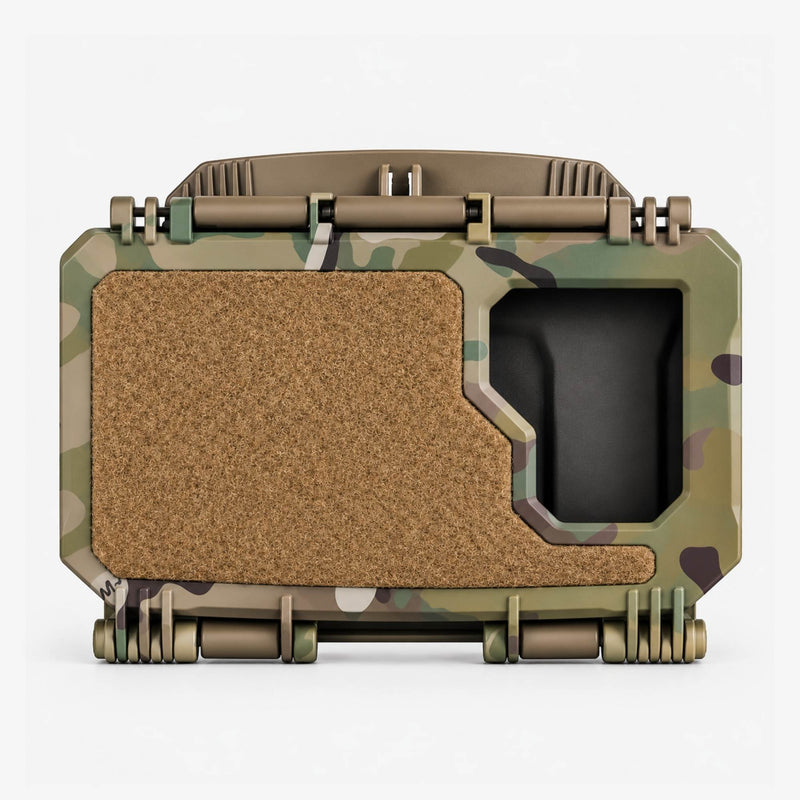 Riegelbox MOLLE-Handybox in Multicam, geschlossen mit Klettfach und Sichtfenster, Frontalansicht