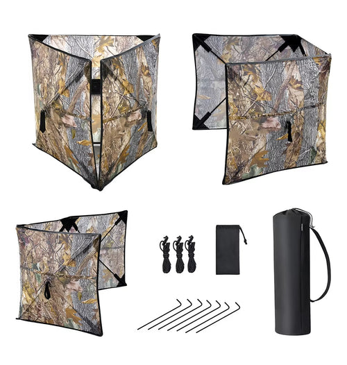 Jagdblind Tarnzelt in Laub-Camouflage, Collage mit Heringen, Spannschnüren und Packtasche