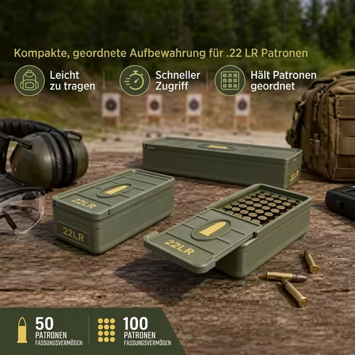 Schubkammer .22 LR Patronenbox, Infografik zur geordneten Aufbewahrung am Schiessstand mit Gehoerschutz und Tasche