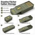 Schubkammer .22 LR Patronenbox, Vierfeld-Ansicht der 50er und 100er Variante offen und geschlossen mit Faechern