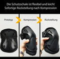 Sturzfest Schoner-Set, Bildfolge zeigt Schutzschale als Prototyp, unter Handdruck und nach Rückstellung