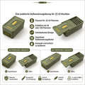 Schubkammer .22 LR Patronenbox, Infografik zu Schiebedeckel-Design in 50er und 100er Variante, offen und geschlossen