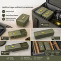 Schubkammer .22 LR Patronenbox, Collage zum schmalen Profil in Rangetasche mit Groessenvergleich 50 zu 100 Patronen