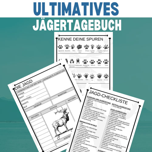Jägertagebuch, Vorschau von drei Seiten: Spurenlexikon, Jagdprotokoll und Ausrüstungscheckliste