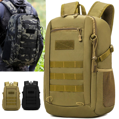 Deinster Rucksack in Coyote, Frontansicht mit Einsatzfoto und Farbauswahl im Kachelbild