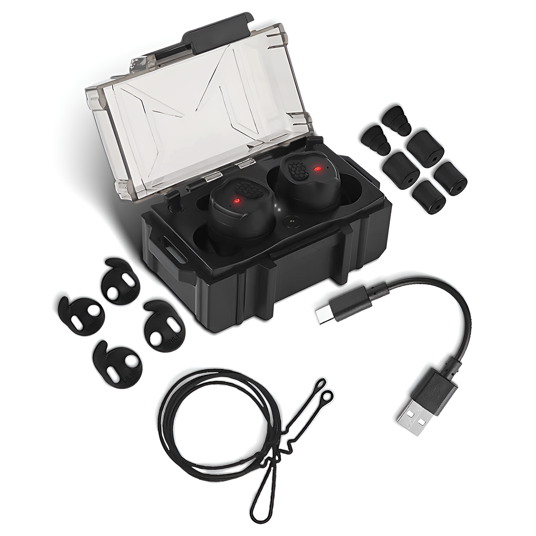 HD-30 Pro Gehörschutz in Schwarz, Ladebox mit Ohrstöpseln, Ohrhaken, USB-Kabel und Trageband im Flatlay