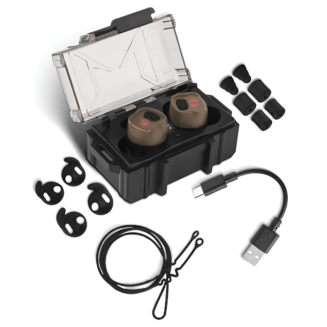 HD-30 Pro Gehörschutz in Braun, Ladebox mit Ohrstöpseln, Ohrhaken, USB-Kabel und Trageband im Flatlay