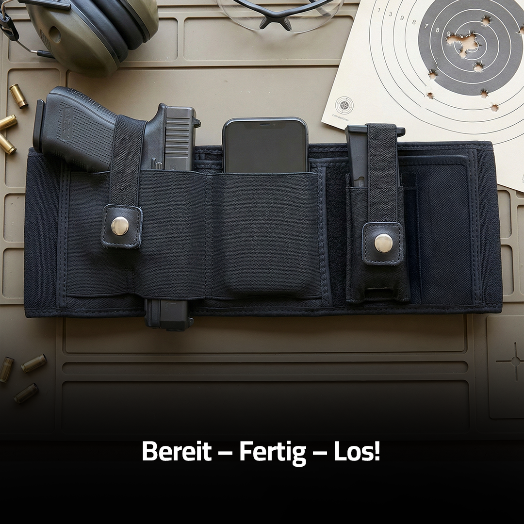 AegisBand Bauchholster in Schwarz, aufgeklappt mit Pistole, Magazin und Handyfach, umgeben von Gehörschutz und Zielscheibe