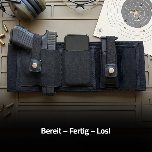 AegisBand Bauchholster in Schwarz, aufgeklappt mit Pistole, Magazin und Handyfach, umgeben von Gehörschutz und Zielscheibe