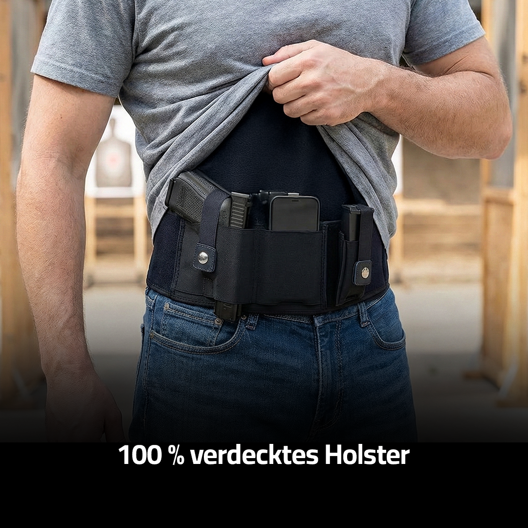 AegisBand Bauchholster in Schwarz, Jäger hebt Shirt und zeigt verdeckt getragene Pistole am Bauch im Schießstand
