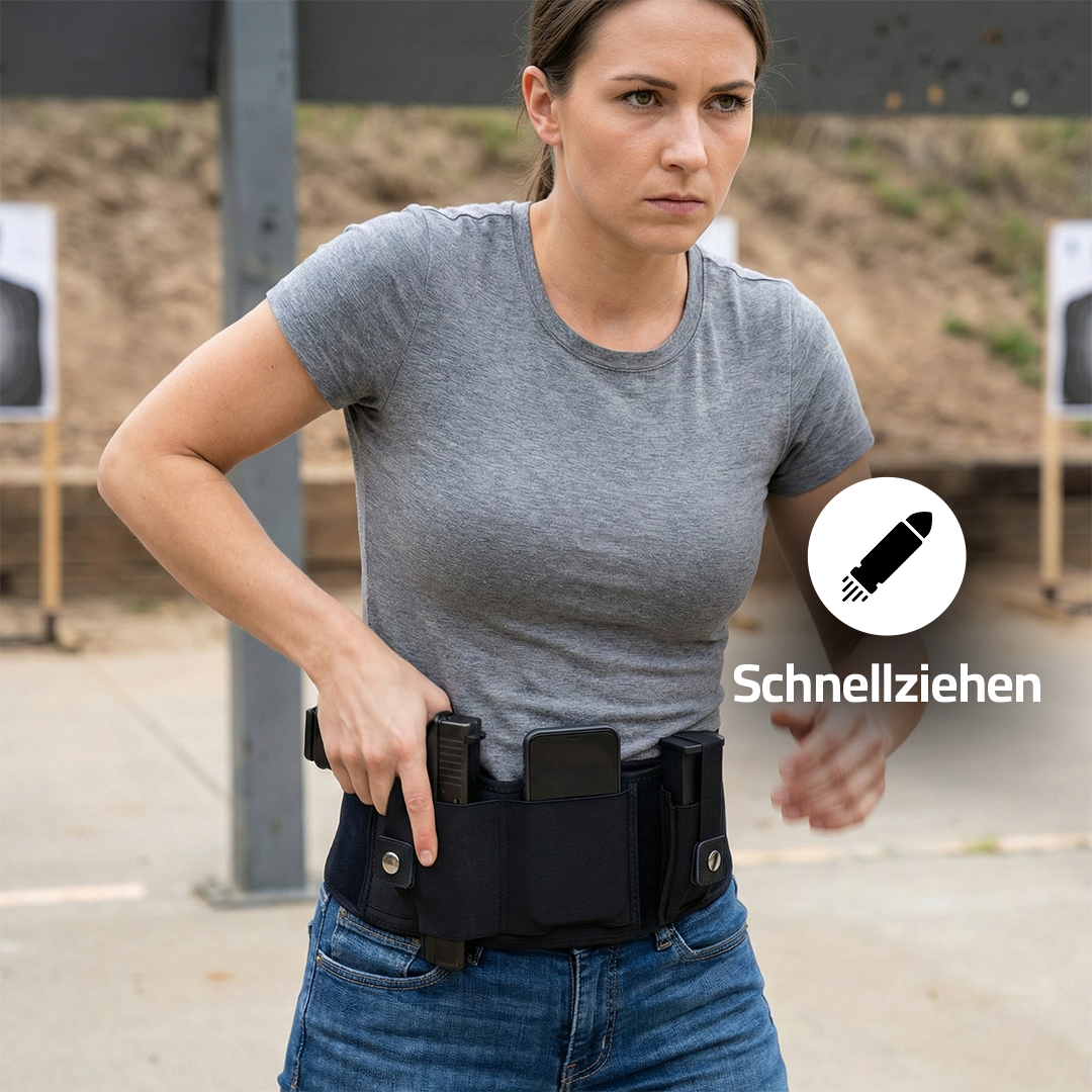 AegisBand Bauchholster in Schwarz, Schützin zieht Pistole aus Hüfthalfter, Symbol und Schriftzug Schnellziehen
