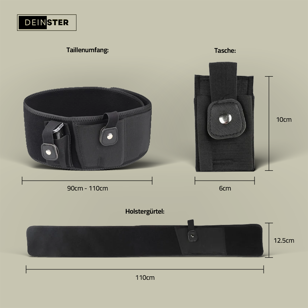 AegisBand Bauchholster, Maßzeichnung mit Taillenumfang 90 bis 110cm, Tasche und 110cm langem Gurt