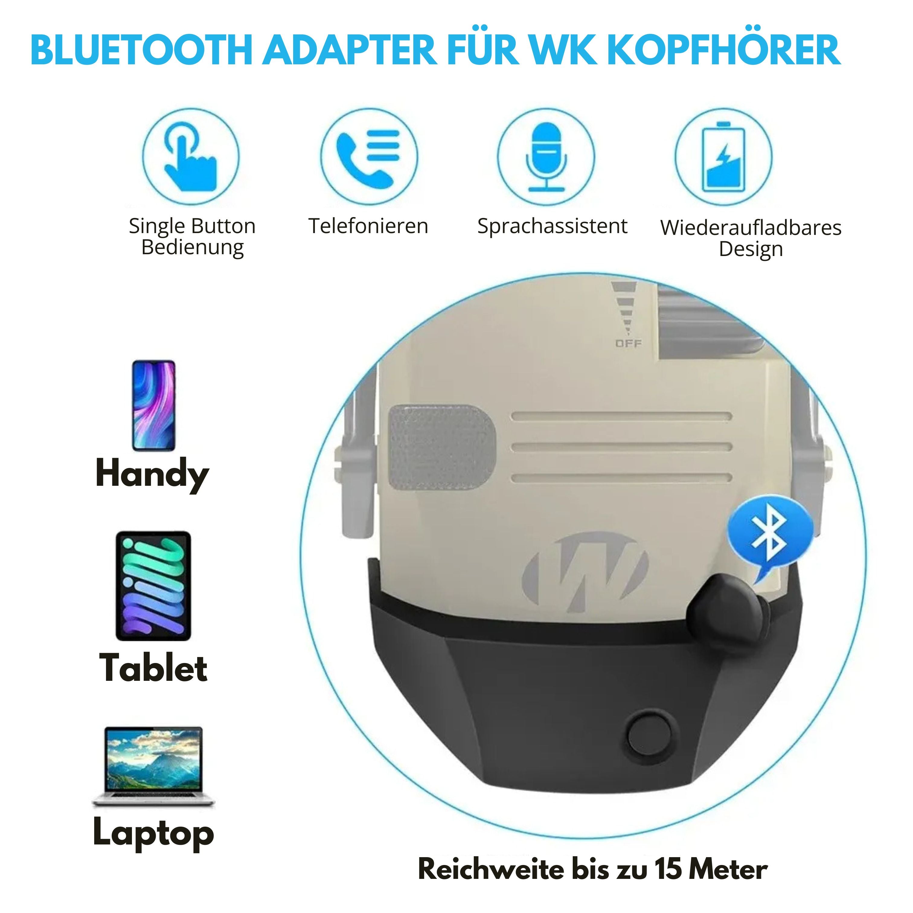 Bluetooth-Adapter für Kapselgehörschutz, Funktionsübersicht mit Icons und Reichweite bis 15 Meter