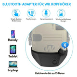 Bluetooth-Adapter für Kapselgehörschutz, Funktionsübersicht mit Icons und Reichweite bis 15 Meter