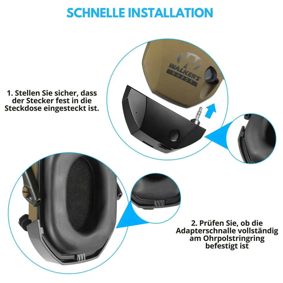 Bluetooth-Adapter für Kapselgehörschutz, Anleitung zur Montage an Ohrpolster und Stecker in zwei Schritten