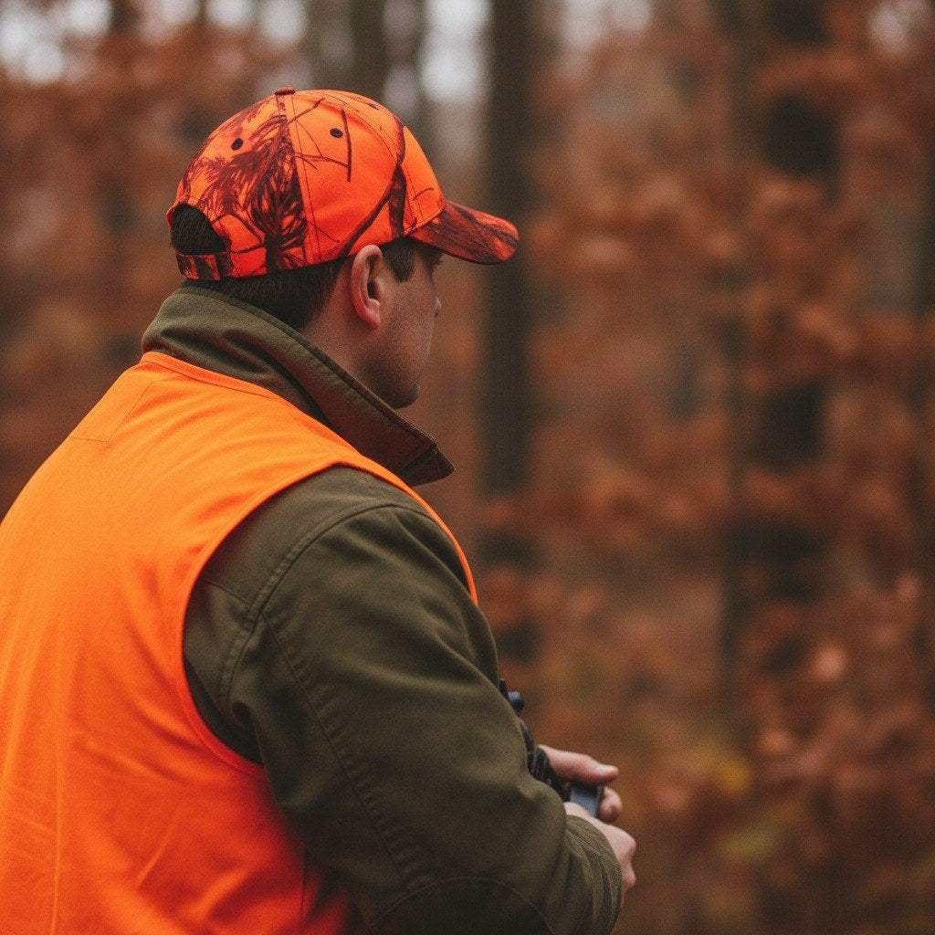 Jäger mit Signal Orange Camo Jagd-Cap auf der Drückjagd