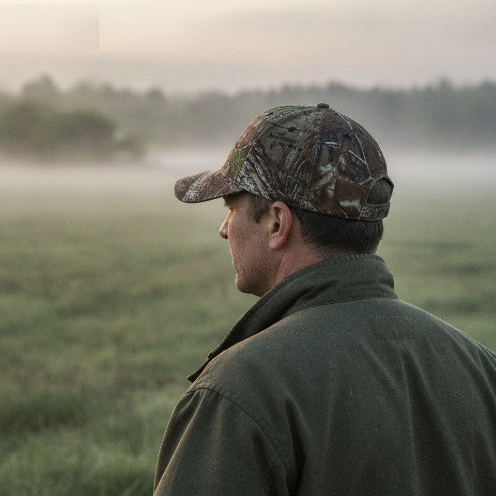 Jäger mit Camo Jagd-Cap am nebligen Feld im Morgengrauen