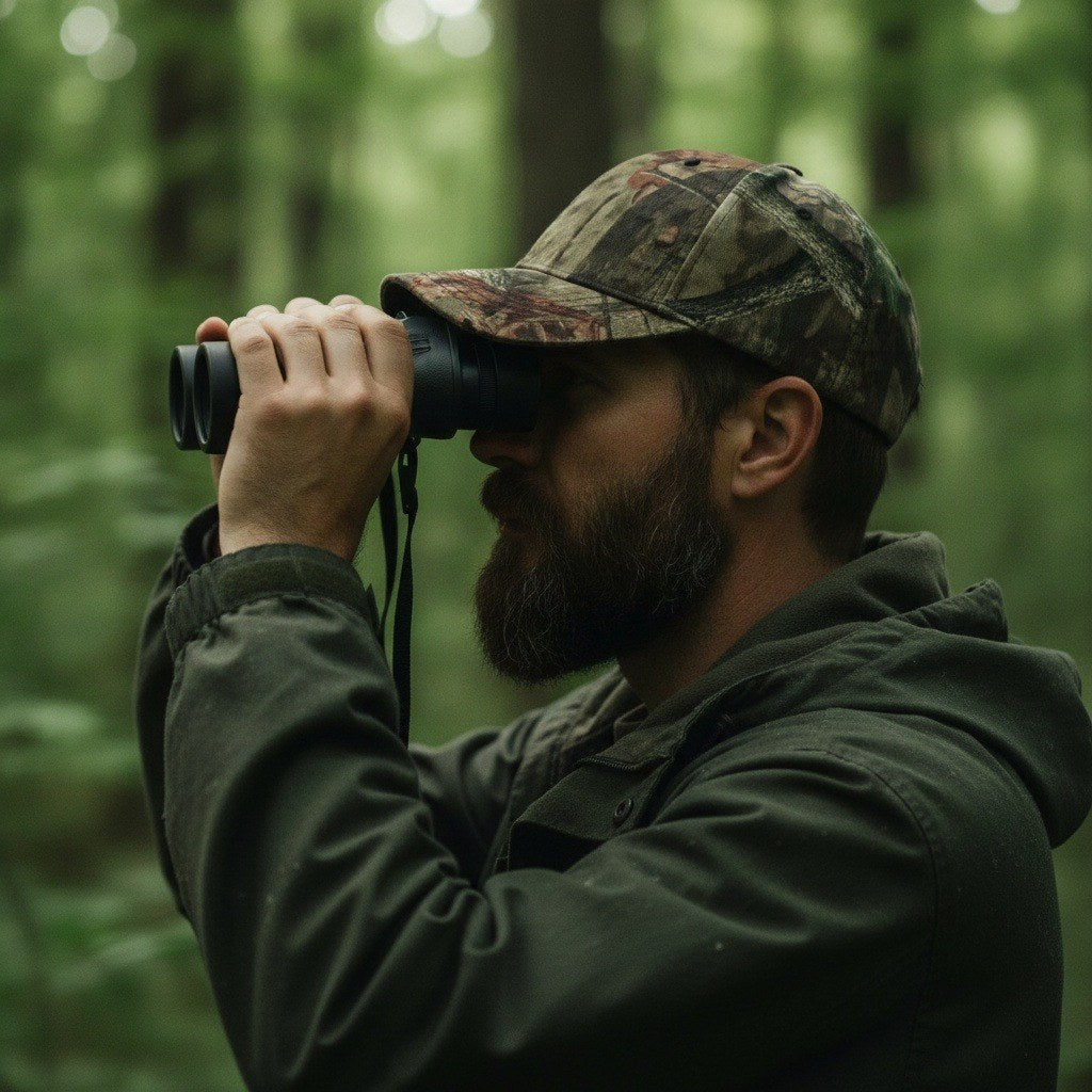 Jäger mit Camo Jagd-Cap beim Glasen mit Fernglas im Wald