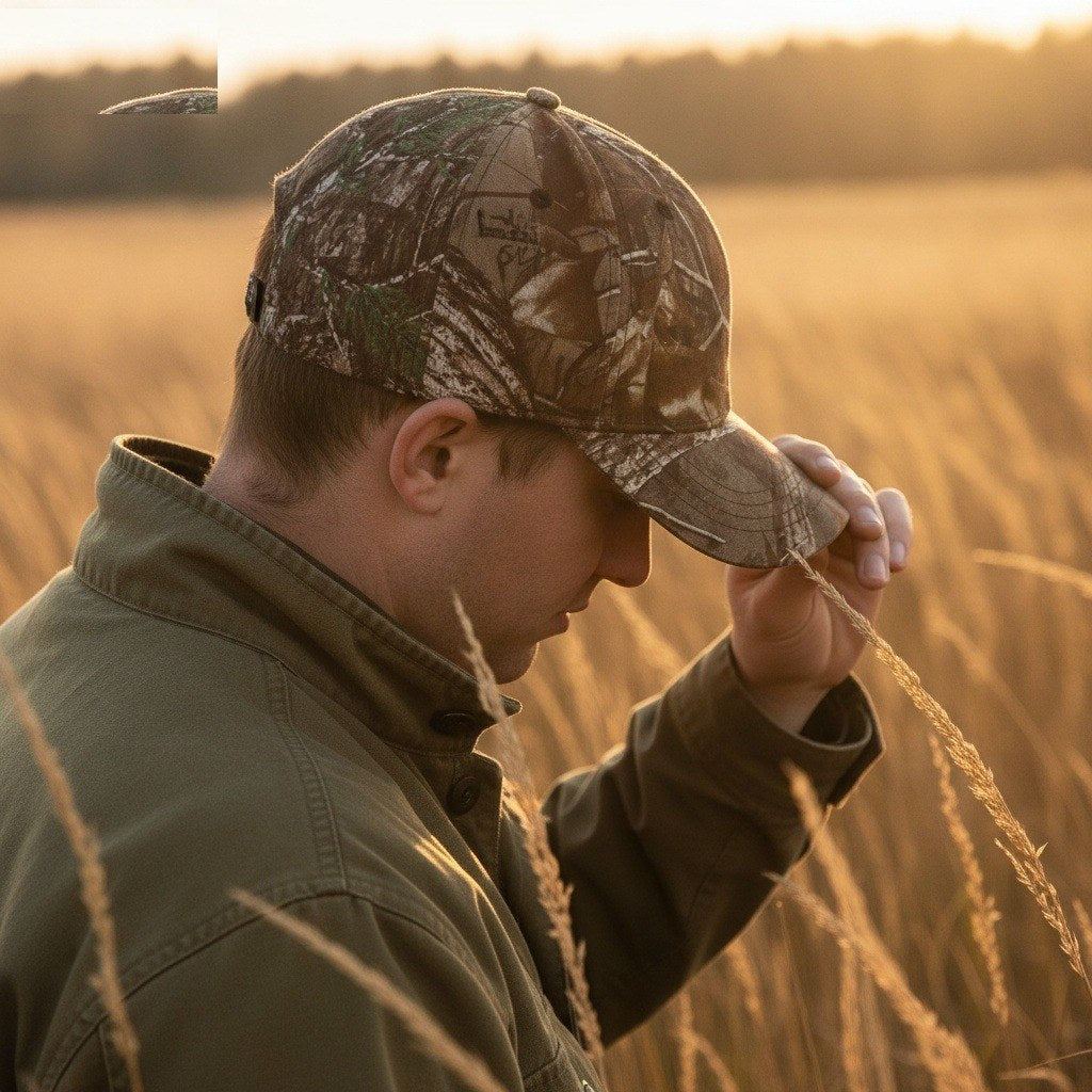 Jäger mit Camo Jagd-Cap im Feld zur goldenen Stunde