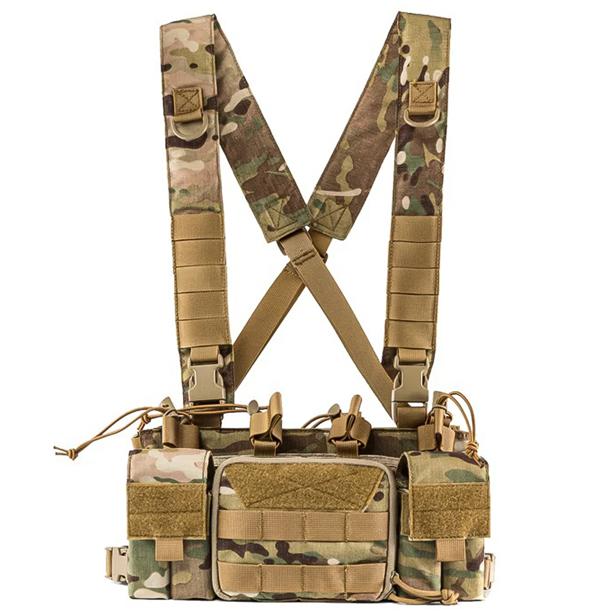 TragWerk Pro Chest Rig in Multicam, Frontansicht mit gekreuzten Tragegurten