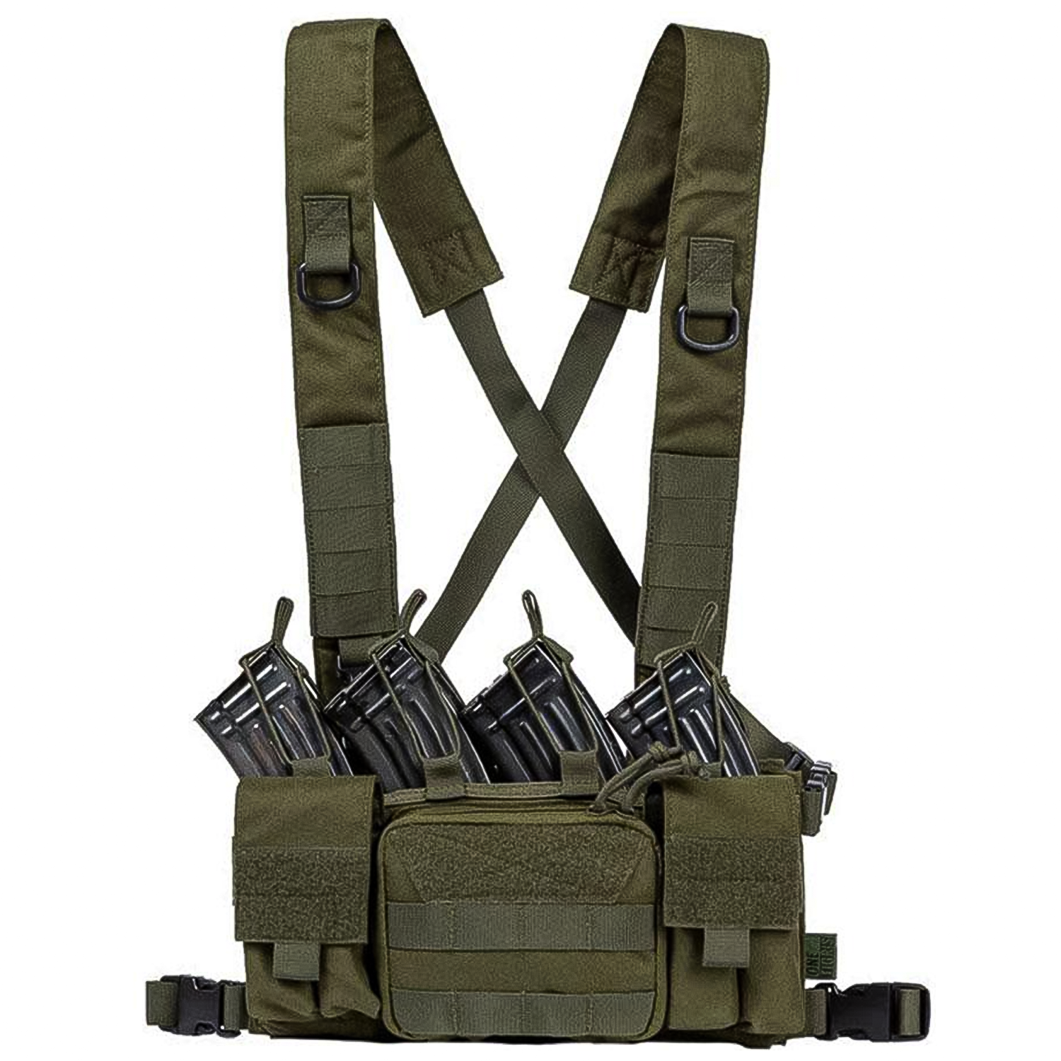 TragWerk Pro Chest Rig in Oliv, Frontansicht mit vier eingesteckten Magazinen