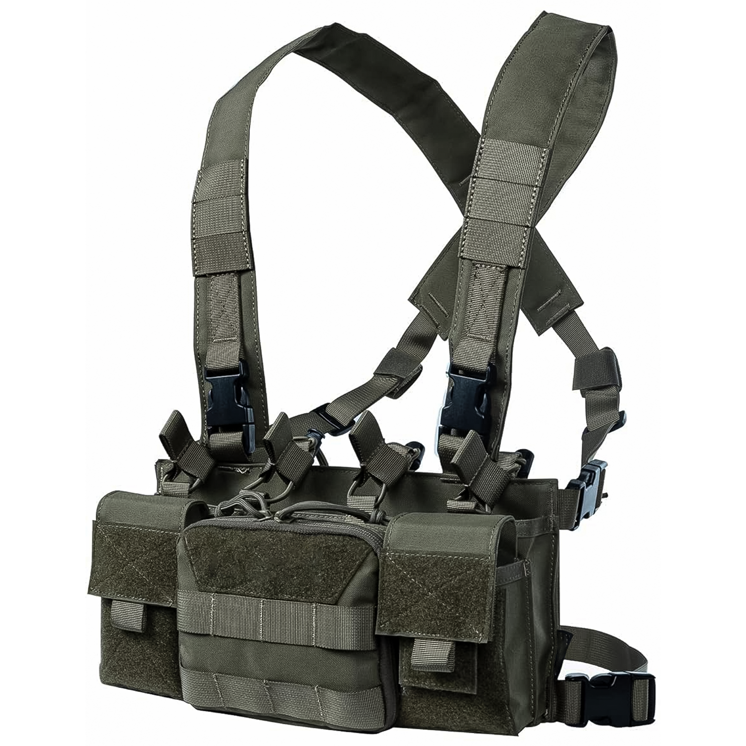 TragWerk Pro Chest Rig in Oliv, leicht gedrehte Frontansicht auf weißem Hintergrund