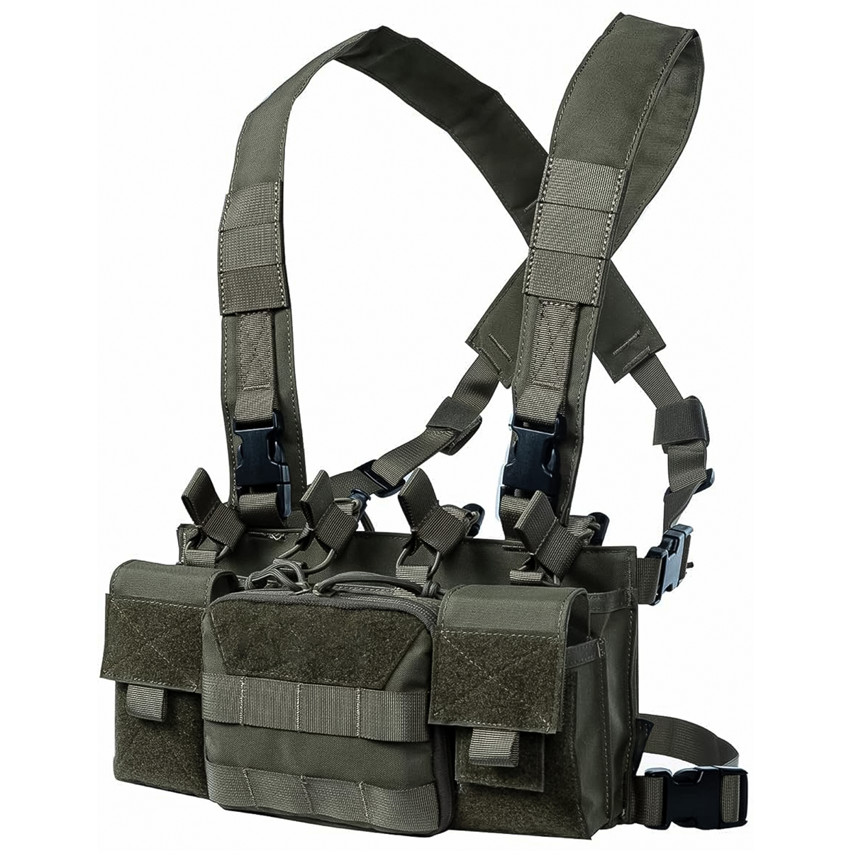 TragWerk Pro Chest Rig in Oliv, leicht gedrehte Frontansicht auf weißem Hintergrund