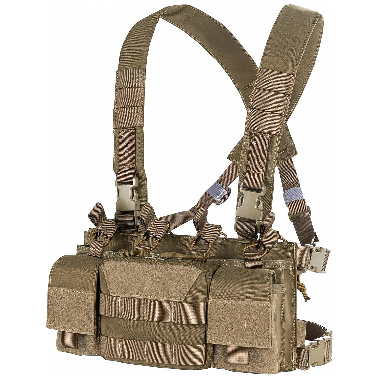 TragWerk Pro Chest Rig in Coyote-Braun, leicht gedrehte Ansicht der Fronttaschen