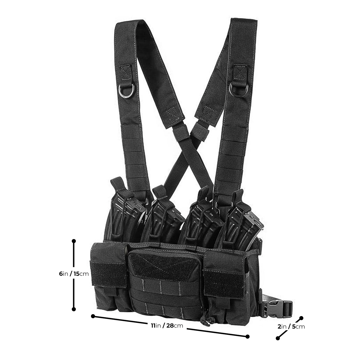TragWerk Pro Chest Rig in Schwarz mit Magazinen, Grafik mit Maßangaben zu Höhe, Breite und Tiefe