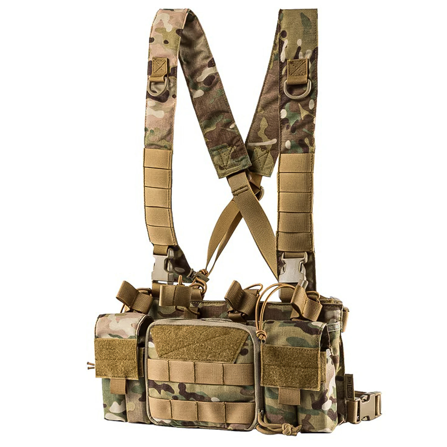TragWerk Pro Chest Rig in Multicam, Frontansicht mit locker gekreuzten Gurten