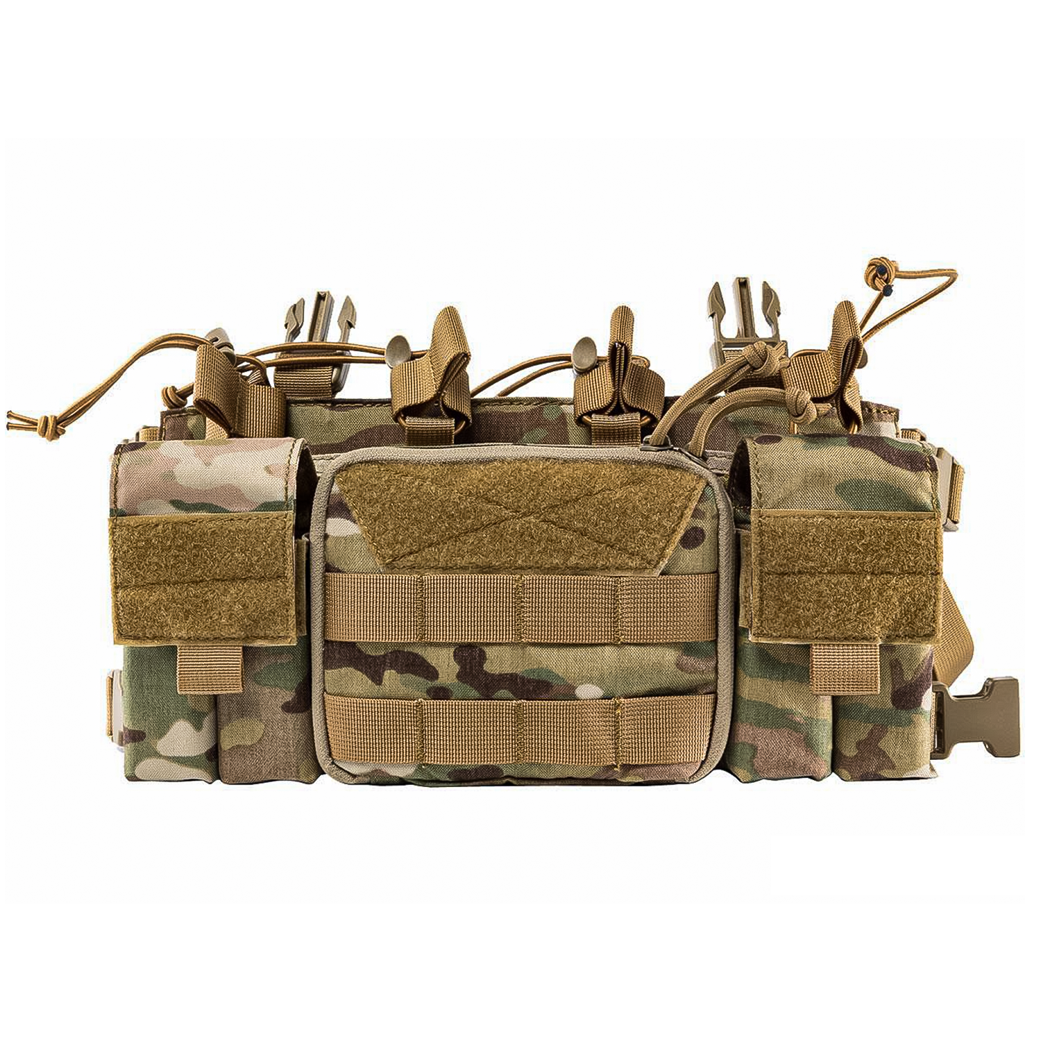 TragWerk Pro Chest Rig in Multicam, Nahaufnahme der Frontpanele mit MOLLE-Webbing