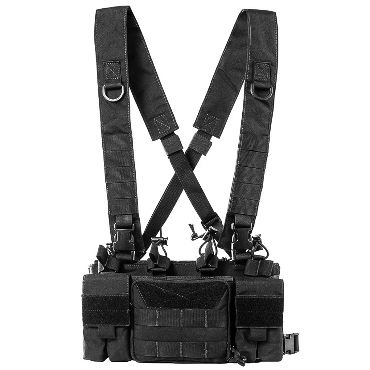 TragWerk Pro Chest Rig in Schwarz, Frontansicht ohne eingesetzte Magazine