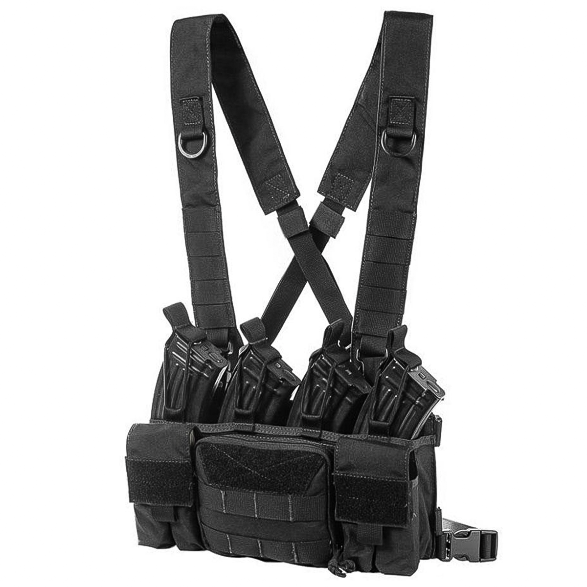 TragWerk Pro Chest Rig in Schwarz, Frontansicht mit vier eingesteckten Magazinen