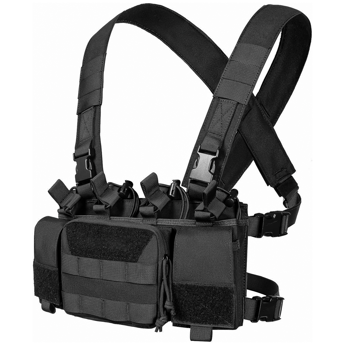 TragWerk Pro Chest Rig in Schwarz, leicht gedrehte Ansicht mit bestückten Magazintaschen