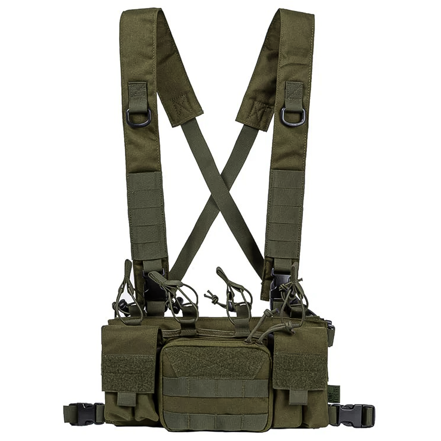 TragWerk Pro Chest Rig in Oliv, Frontansicht ohne eingesetzte Magazine