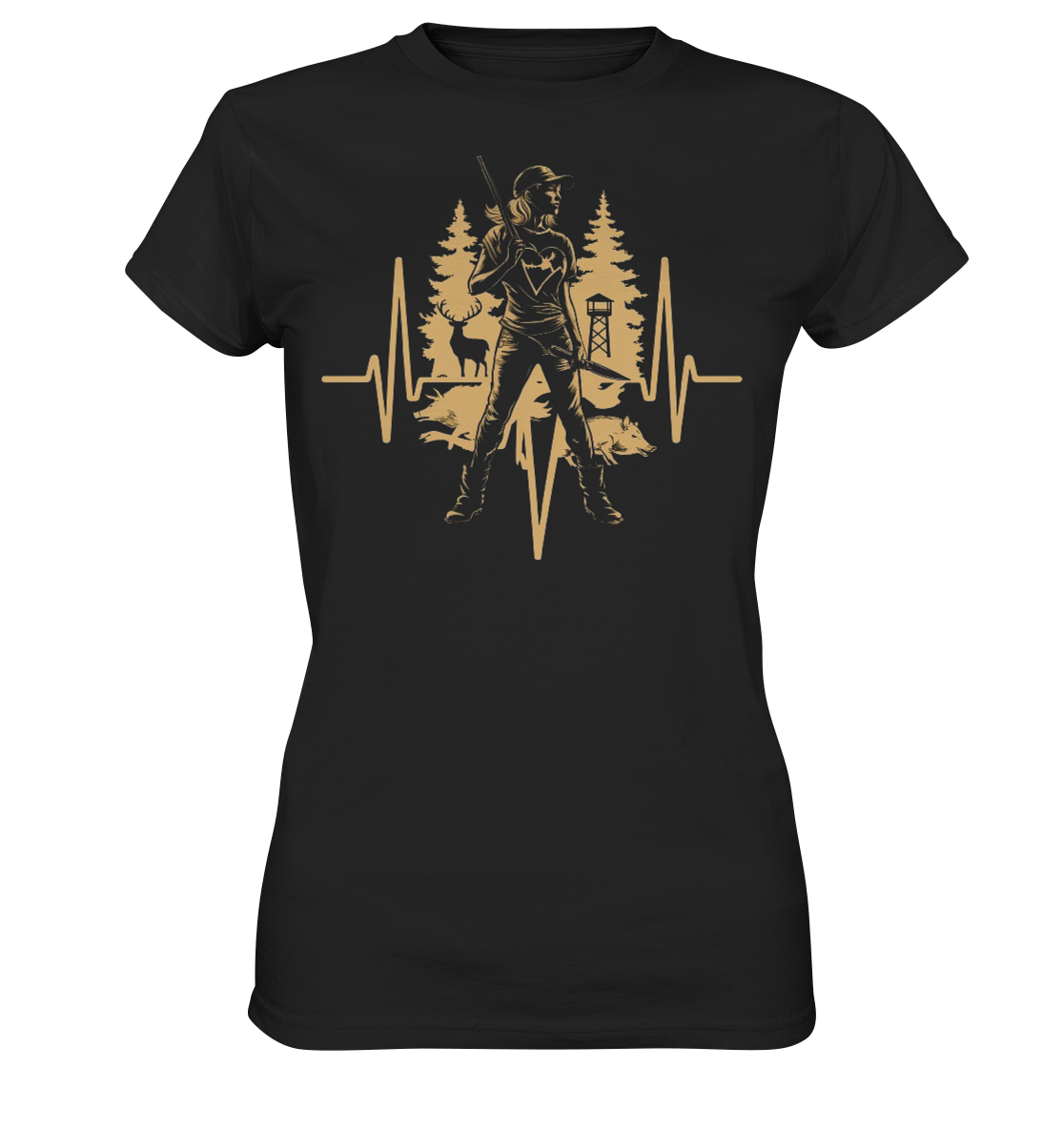 Herzschlag Damen T-Shirt in Schwarz, Frontdruck zeigt Jäger, Hochsitz und goldene Herzschlaglinie