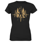 Herzschlag Damen T-Shirt in Schwarz, Frontdruck zeigt Jäger, Hochsitz und goldene Herzschlaglinie