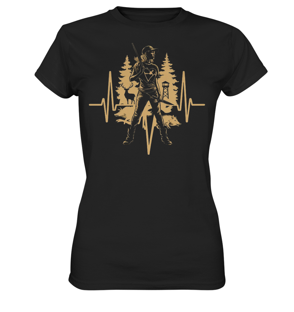 Herzschlag Damen T-Shirt in Schwarz, Frontdruck zeigt Jäger, Hochsitz und goldene Herzschlaglinie