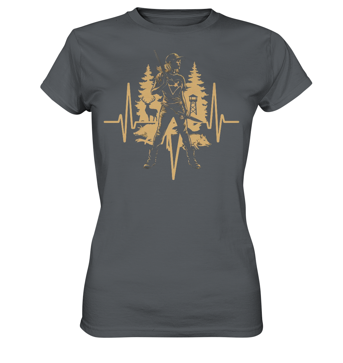 Herzschlag Damen T-Shirt in Anthrazit, Frontansicht mit Jäger-Silhouette und Herzschlag-Motiv