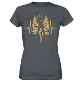 Herzschlag Damen T-Shirt in Anthrazit, Frontansicht mit Jäger-Silhouette und Herzschlag-Motiv
